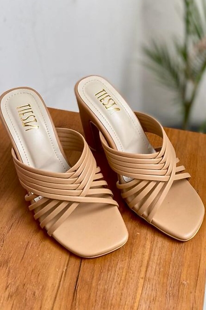 Beige Faux Leather Block Heels by TIESTA at Pernia's Pop Up Shop