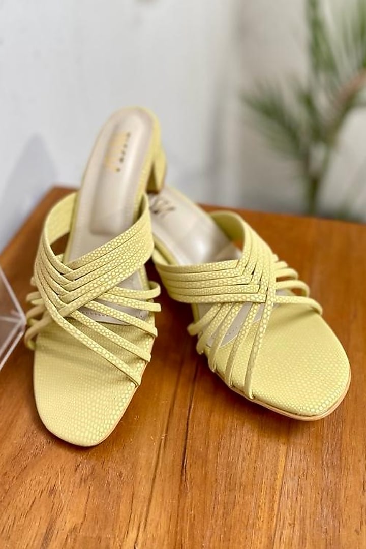 Yellow Faux Leather Block Heels by TIESTA at Pernia's Pop Up Shop