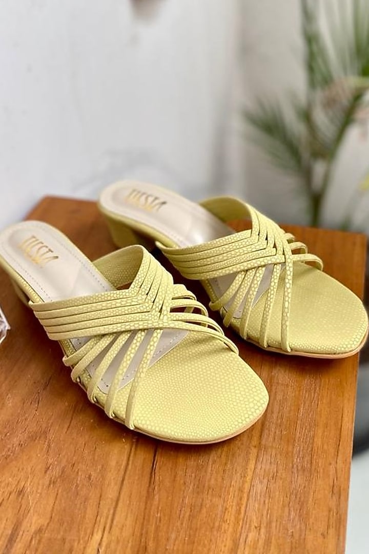 Yellow Faux Leather Block Heels by TIESTA at Pernia's Pop Up Shop