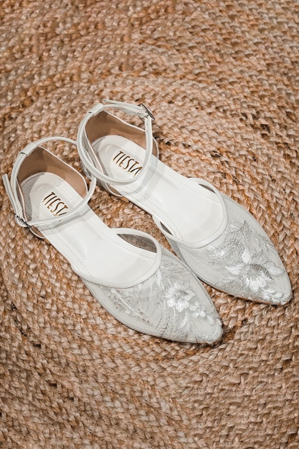 White Faux Leather Embroidered Flat Shoes by TIESTA at Pernia's Pop Up Shop