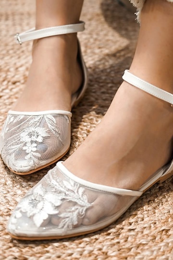 White Faux Leather Embroidered Flat Shoes by TIESTA at Pernia's