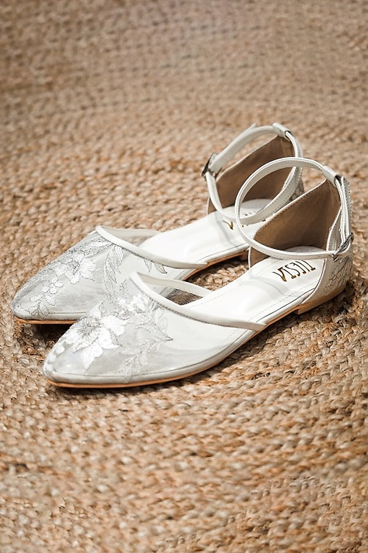 White Faux Leather Embroidered Flat Shoes by TIESTA at Pernia's Pop Up Shop