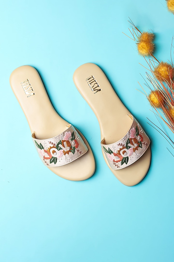 Gold Faux Leather Embroidered Flats by TIESTA
