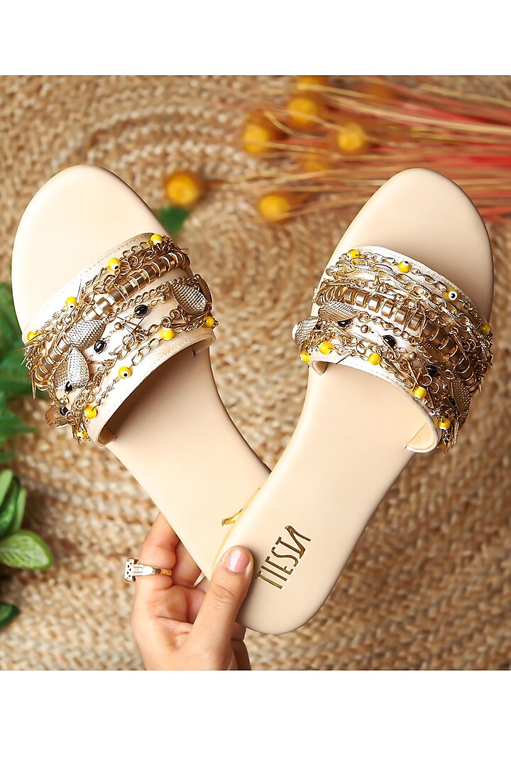 Gold Faux Leather Embellished Flats by TIESTA
