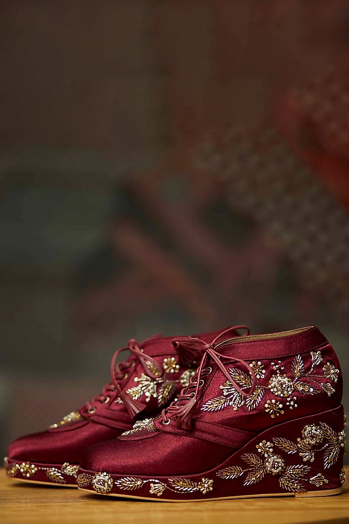 Maroon Satin Embroidered Sneaker Wedges by TIESTA