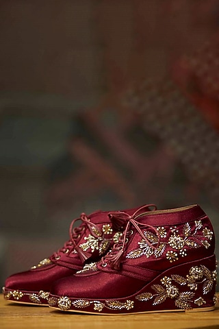 Maroon Satin Embroidered Sneaker Wedges by TIESTA