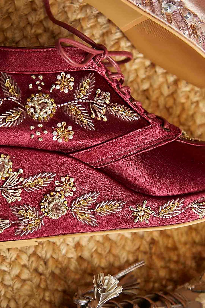 Maroon Satin Embroidered Sneaker Wedges by TIESTA at Pernia's Pop Up Shop