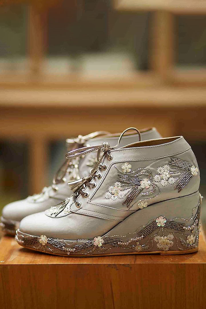 Silver Satin Embroidered Sneaker Wedges by TIESTA