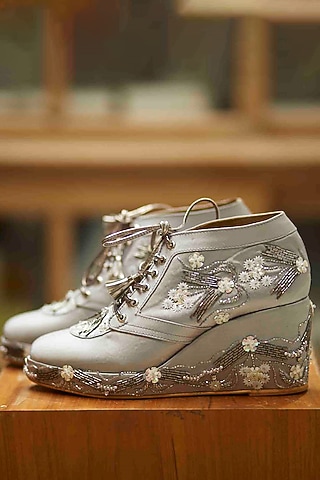 Silver Satin Embroidered Sneaker Wedges by TIESTA