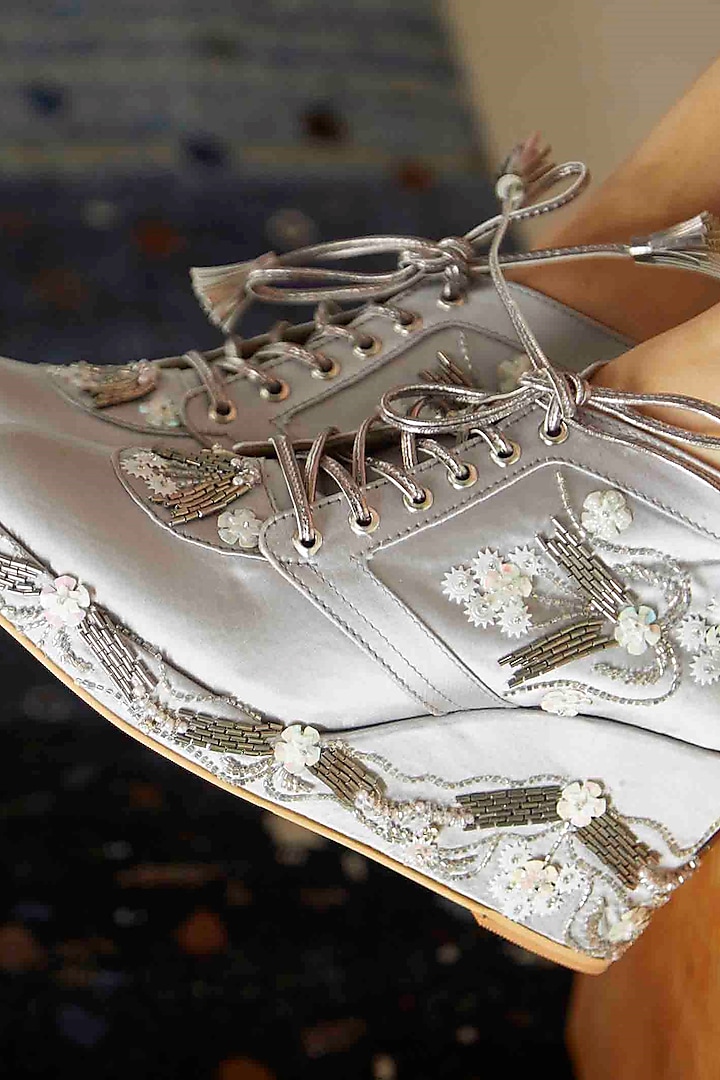 Silver Satin Embroidered Sneaker Wedges by TIESTA at Pernia's Pop Up Shop