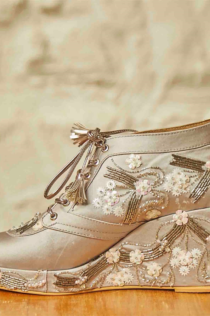 Silver Satin Embroidered Sneaker Wedges by TIESTA at Pernia's Pop Up Shop