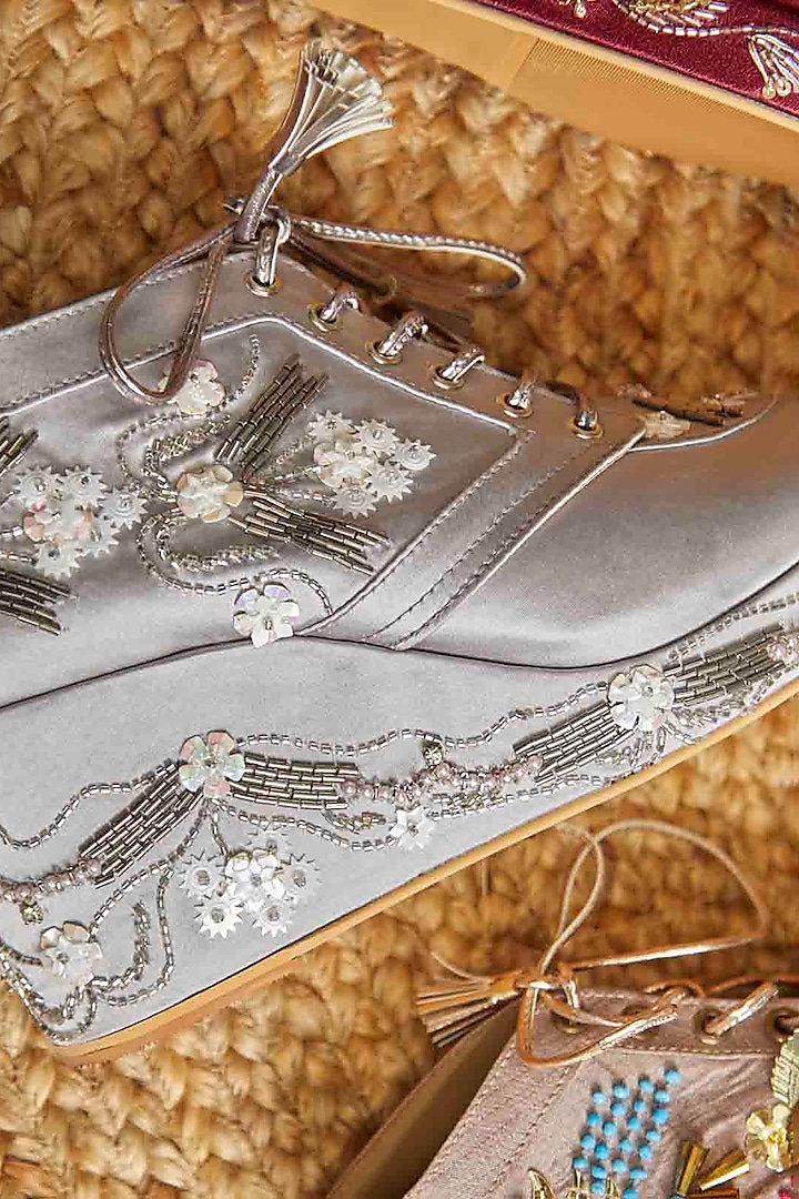 Silver Satin Embroidered Sneaker Wedges by TIESTA at Pernia's Pop Up Shop