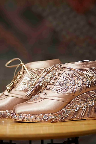 Pink Satin Embroidered Sneaker Wedges by TIESTA