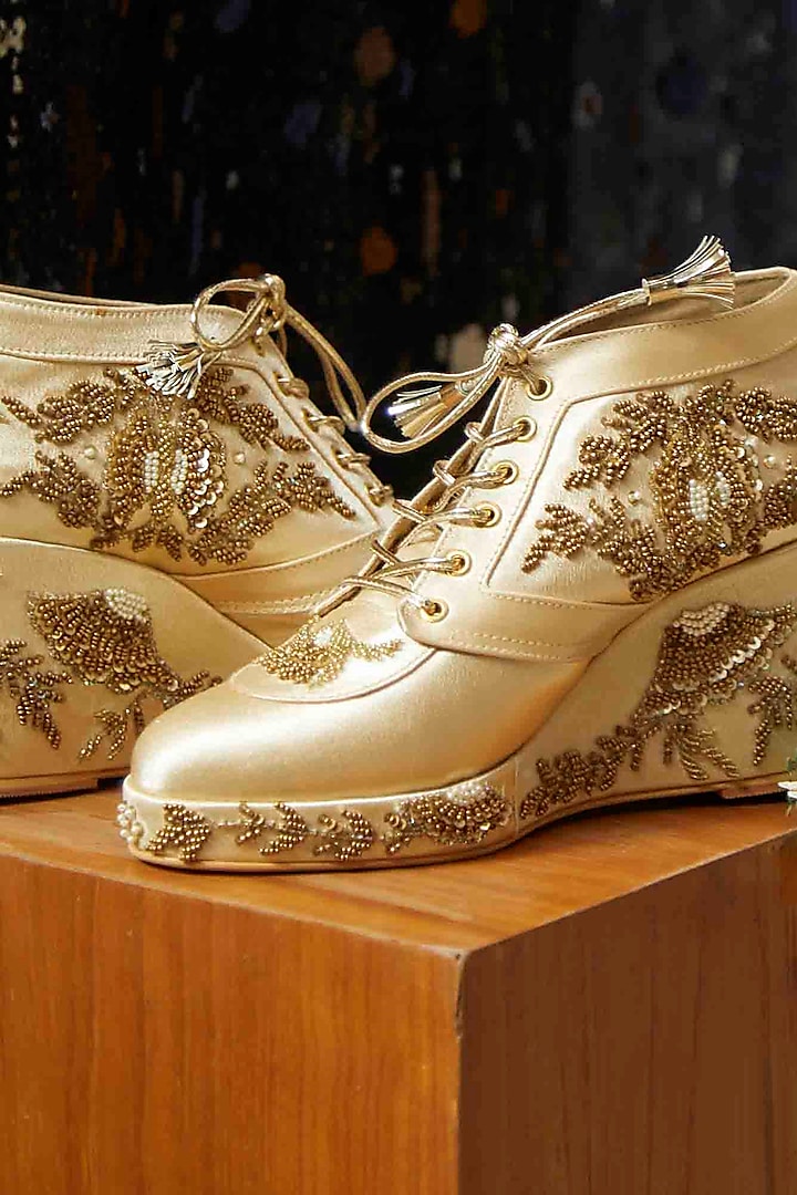 Gold Satin Hand Embroidered Sneaker Wedges by TIESTA