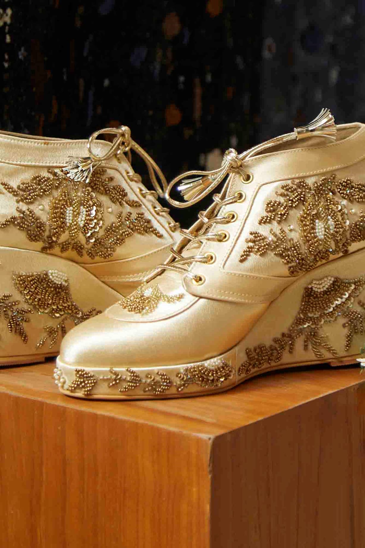Gold Satin Hand Embroidered Sneaker Wedges by TIESTA at Pernia's