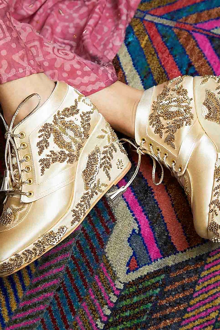 Gold Satin Hand Embroidered Sneaker Wedges by TIESTA at Pernia's Pop Up Shop