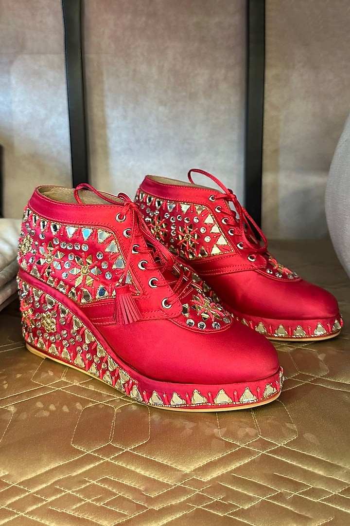 Pink Satin Hand Embroidered Sneaker Wedges by TIESTA