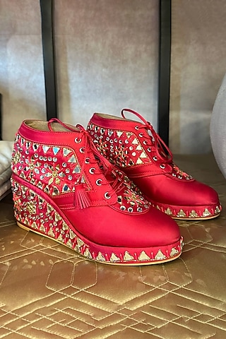 Pink Satin Hand Embroidered Sneaker Wedges by TIESTA