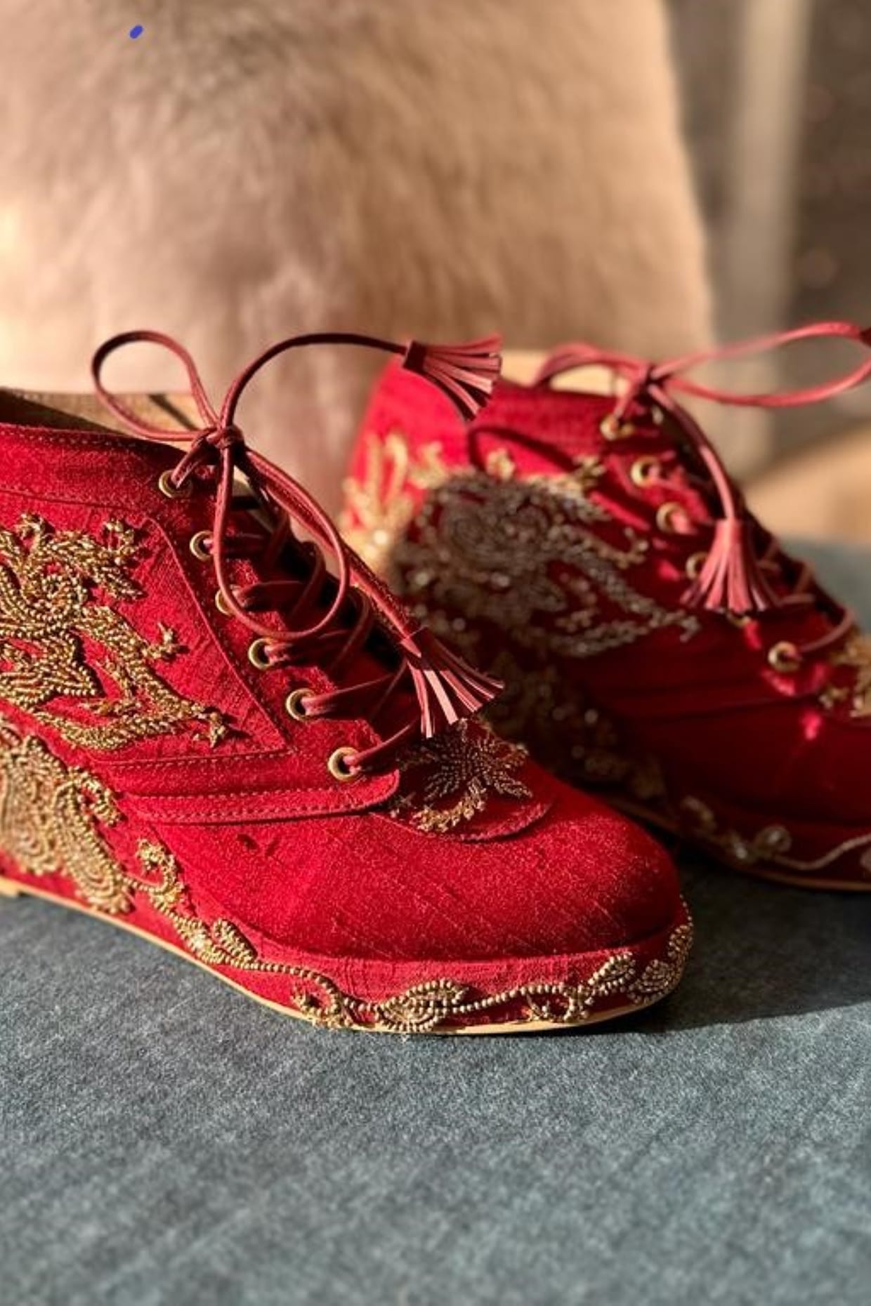 Maroon Faux Suede Leather Embroidered Sneaker Wedges by TIESTA at Pernia s Pop Up Shop 2024