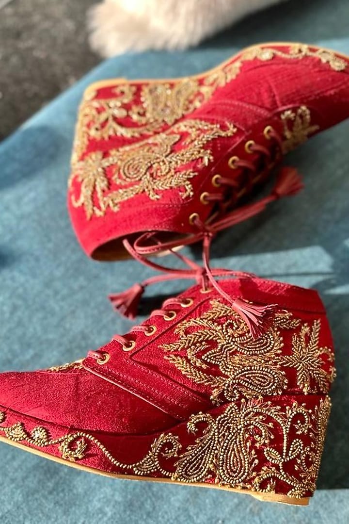 Maroon Faux Suede Leather Embroidered Sneaker Wedges by TIESTA at Pernia's Pop Up Shop