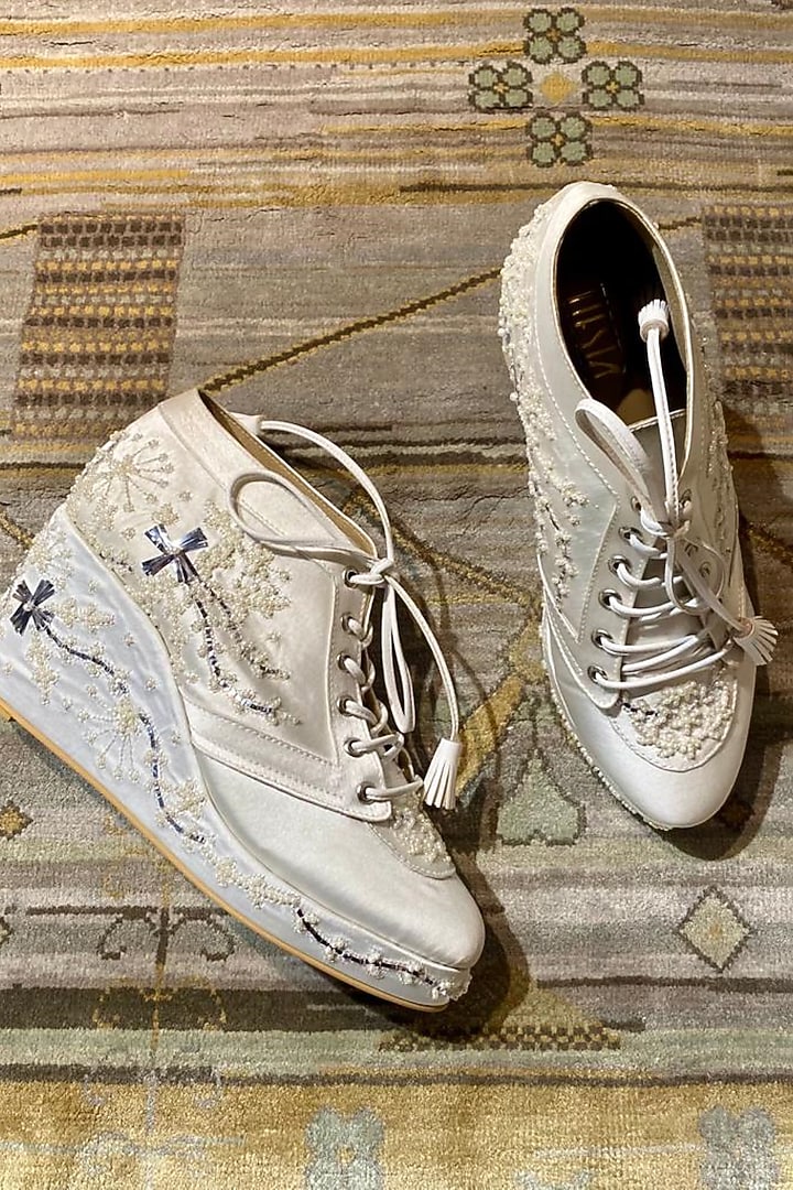 Ivory Faux Leather Hand Embroidered Sneaker Wedges by TIESTA at Pernia's Pop Up Shop