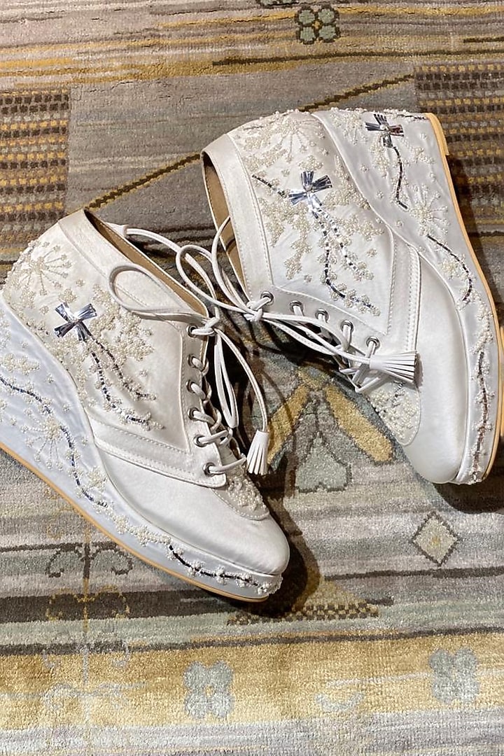 Ivory Faux Leather Hand Embroidered Sneaker Wedges by TIESTA at Pernia's Pop Up Shop