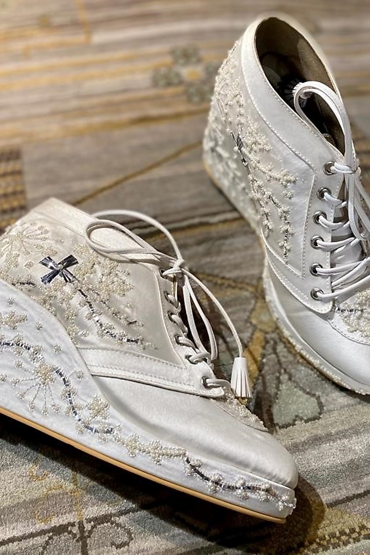 Ivory Faux Leather Hand Embroidered Sneaker Wedges by TIESTA at Pernia's Pop Up Shop