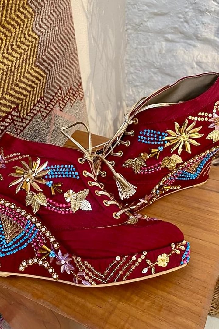 Maroon Faux Leather Hand Embroidered Sneaker Wedges by TIESTA at Pernia's Pop Up Shop