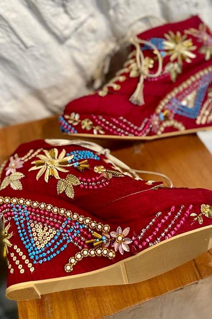 Maroon Faux Leather Hand Embroidered Sneaker Wedges by TIESTA at Pernia's Pop Up Shop