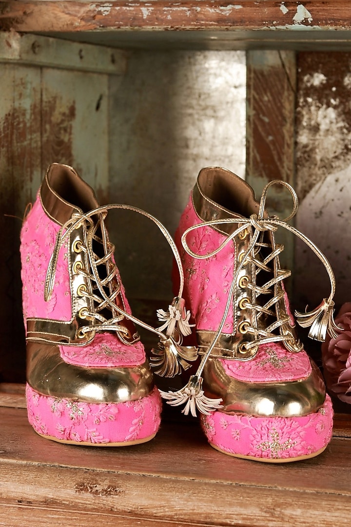 Pink Faux Leather Embroidered Sneaker Wedges by TIESTA at Pernia's Pop Up Shop