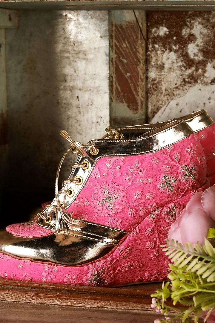 Pink Faux Leather Embroidered Sneaker Wedges by TIESTA at Pernia's Pop Up Shop