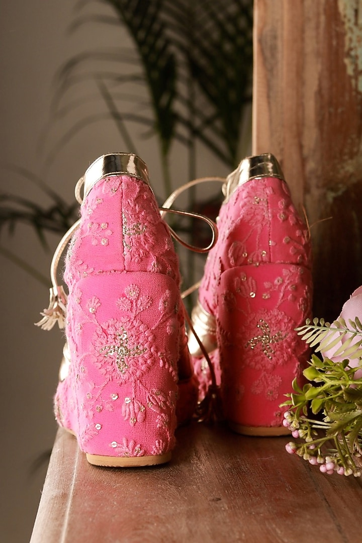 Pink Faux Leather Embroidered Sneaker Wedges by TIESTA at Pernia's Pop Up Shop