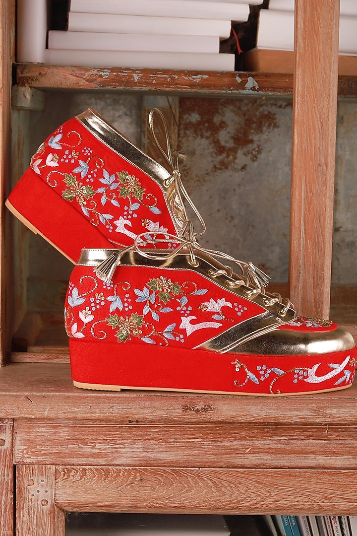 Red Faux Leather Embroidered Sneaker Wedges by TIESTA at Pernia's Pop Up Shop