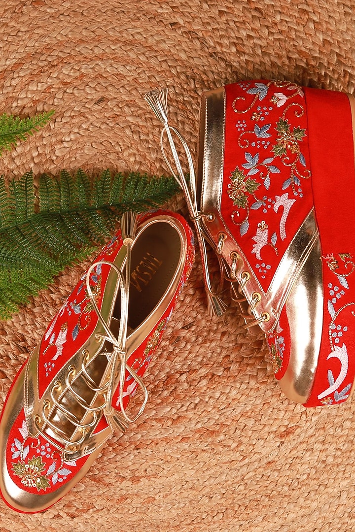 Red Faux Leather Embroidered Sneaker Wedges by TIESTA at Pernia's Pop Up Shop