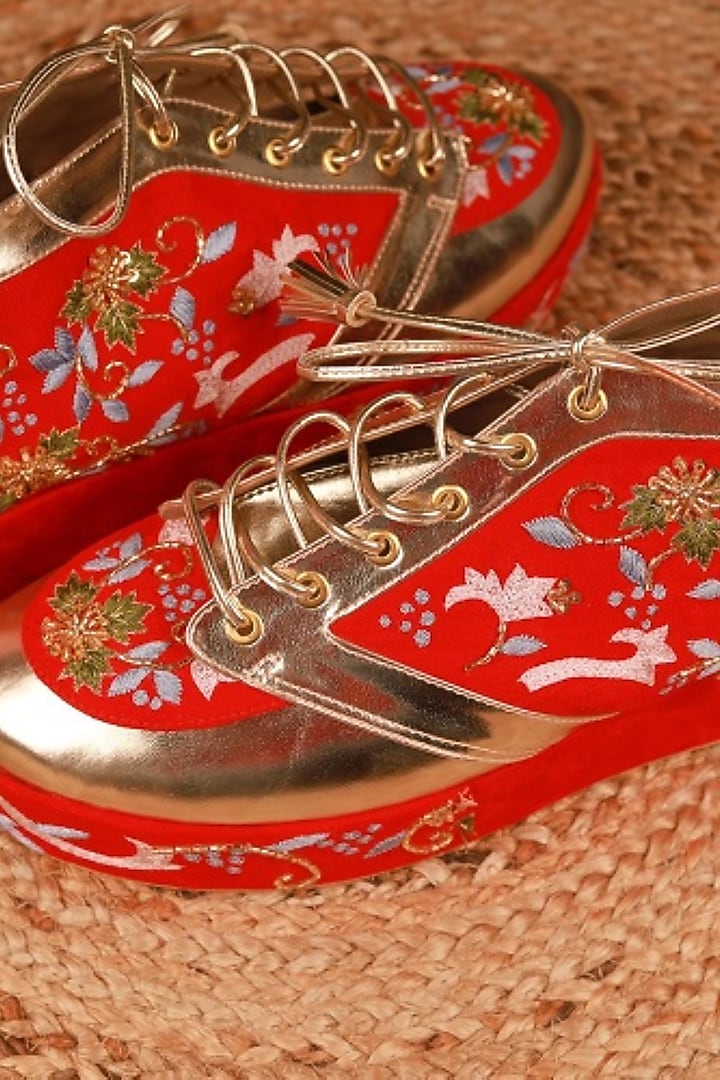 Red Faux Leather Embroidered Sneaker Wedges by TIESTA at Pernia's Pop Up Shop