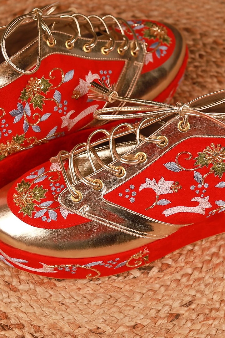 Red Faux Leather Embroidered Sneaker Wedges by TIESTA at Pernia's Pop Up Shop