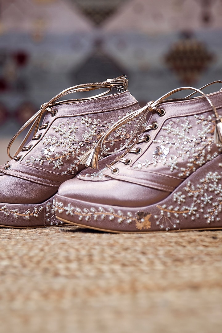 Rose Gold Faux Leather Embroidered Sneaker Wedges by TIESTA at Pernia's Pop Up Shop