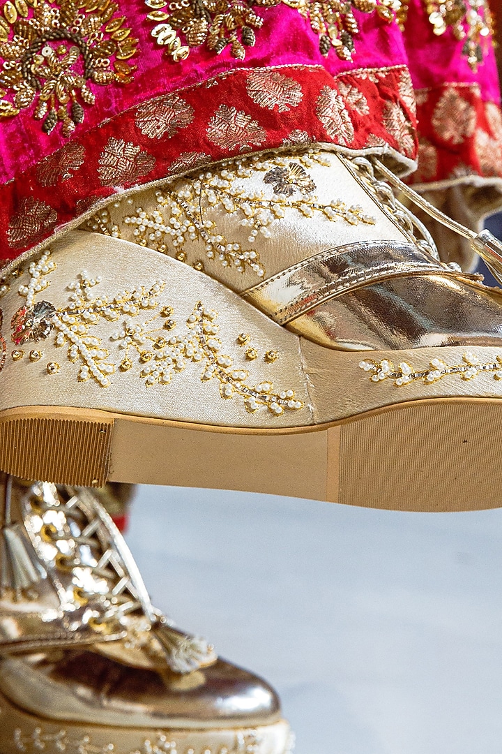 Gold Faux Leather Hand Embroidered Sneaker Wedges by TIESTA at Pernia's Pop Up Shop
