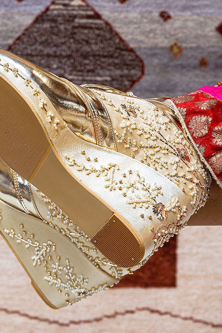 Gold Faux Leather Hand Embroidered Sneaker Wedges by TIESTA at Pernia's Pop Up Shop
