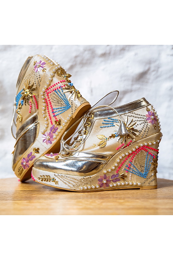 Gold Satin & Faux Leather Embroidered Sneaker Wedges by TIESTA