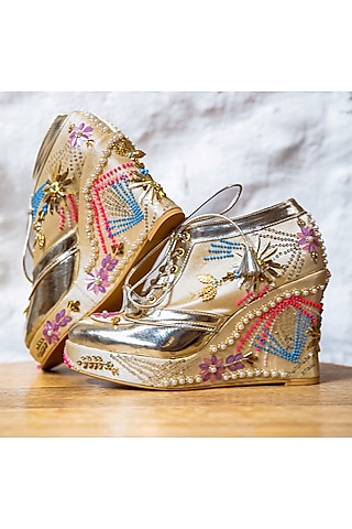 Gold Satin & Faux Leather Embroidered Sneaker Wedges by TIESTA