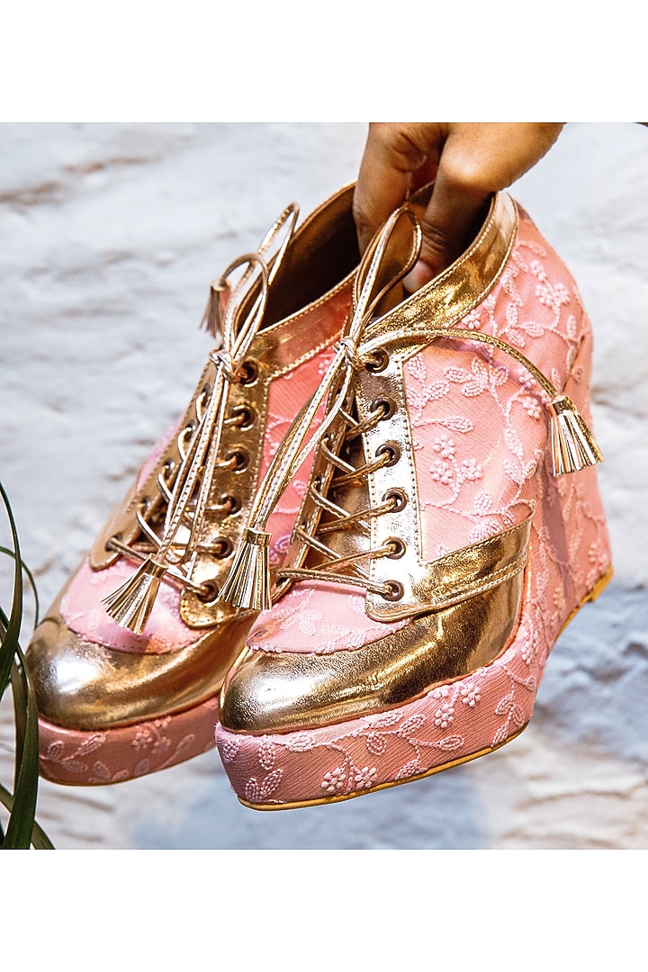 Pink Satin & Faux Leather Embroidered Sneaker Wedges by TIESTA at Pernia's Pop Up Shop