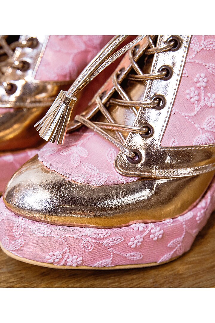 Pink Satin & Faux Leather Embroidered Sneaker Wedges by TIESTA at Pernia's Pop Up Shop