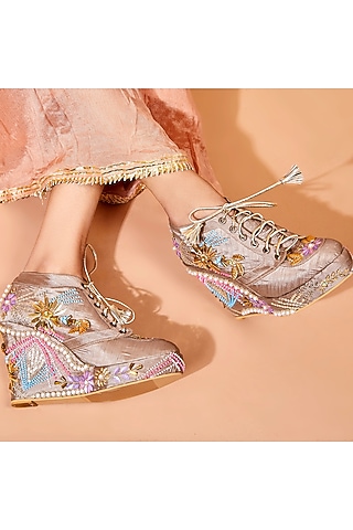 Grey Satin & Faux Leather Embroidered Sneaker Wedges by TIESTA