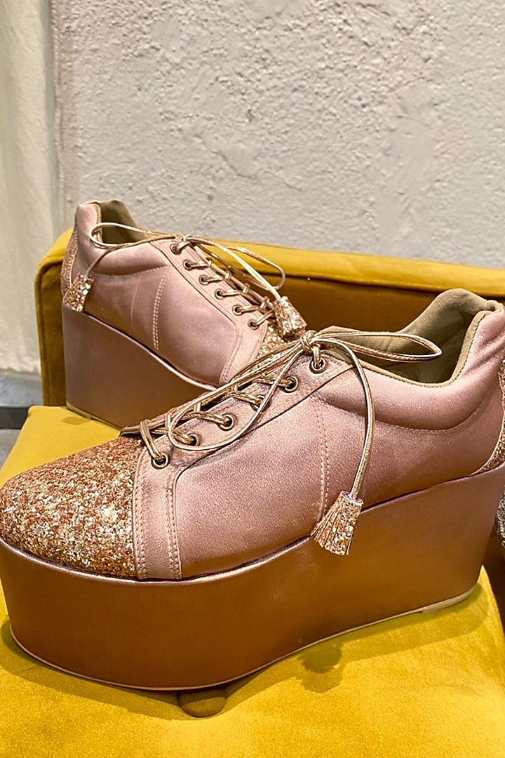 Rose Gold Satin & Faux Leather Sneaker Wedges by TIESTA at Pernia's Pop Up Shop
