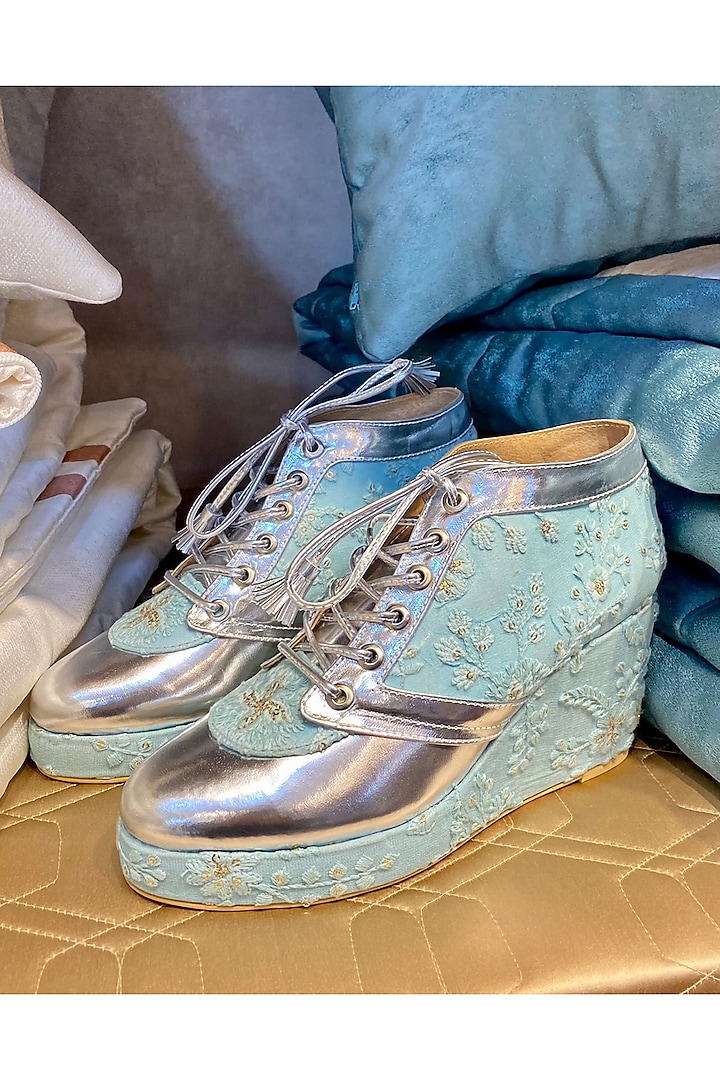 Blue Faux Leather & Satin Embroidered Sneaker Wedges by TIESTA at Pernia's Pop Up Shop