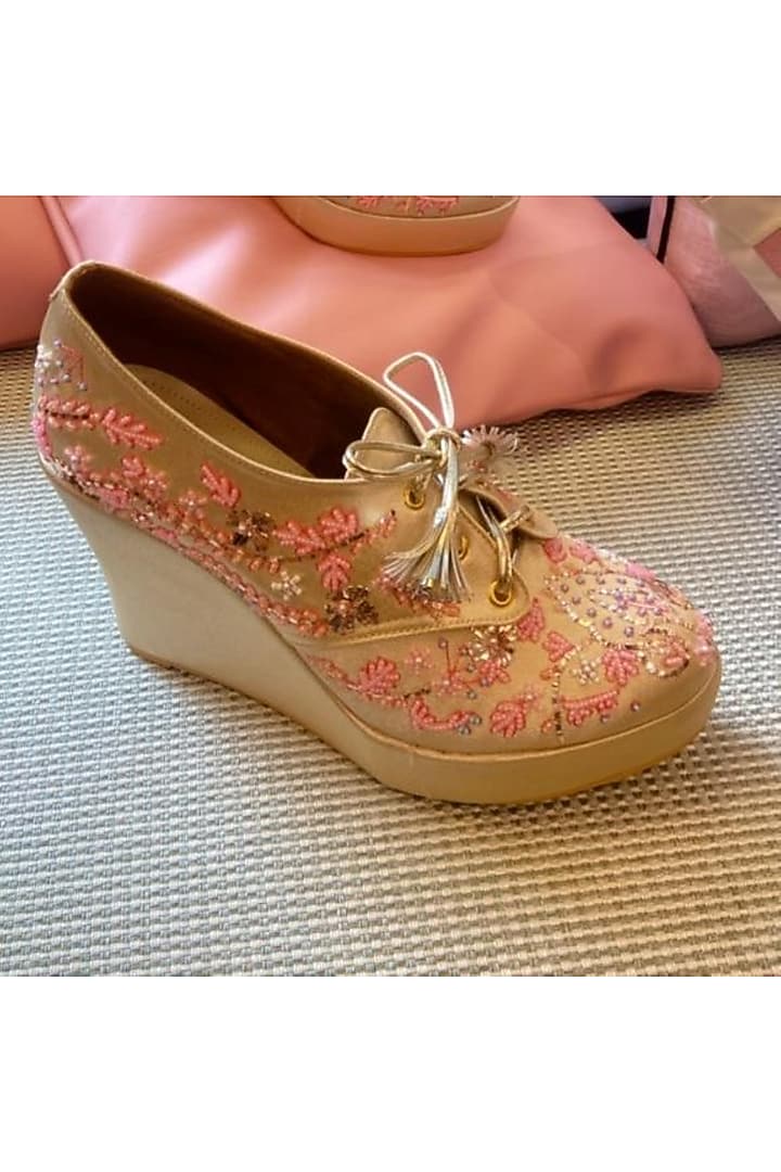 Light Pink Faux Leather Hand Embroidered Sneaker Wedges by TIESTA at Pernia's Pop Up Shop