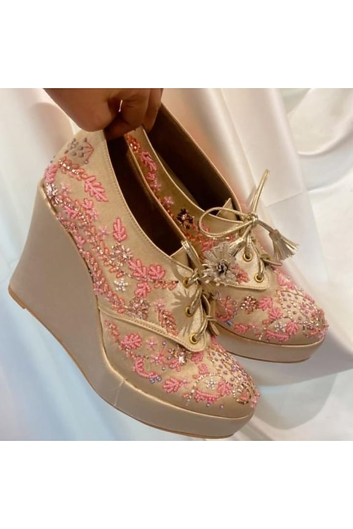 Light Pink Faux Leather Hand Embroidered Sneaker Wedges by TIESTA at Pernia's Pop Up Shop