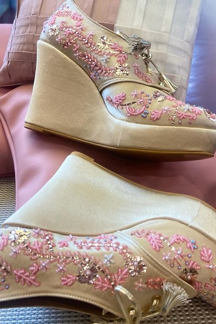 Light Pink Faux Leather Hand Embroidered Sneaker Wedges by TIESTA at Pernia's Pop Up Shop
