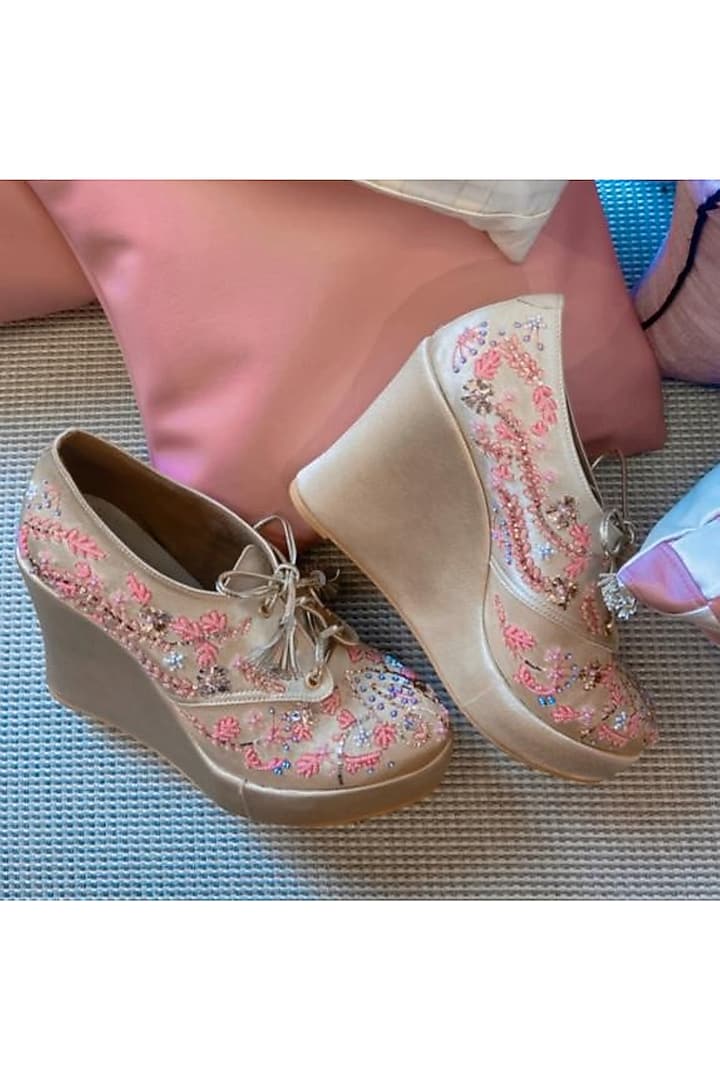 Light Pink Faux Leather Hand Embroidered Sneaker Wedges by TIESTA at Pernia's Pop Up Shop